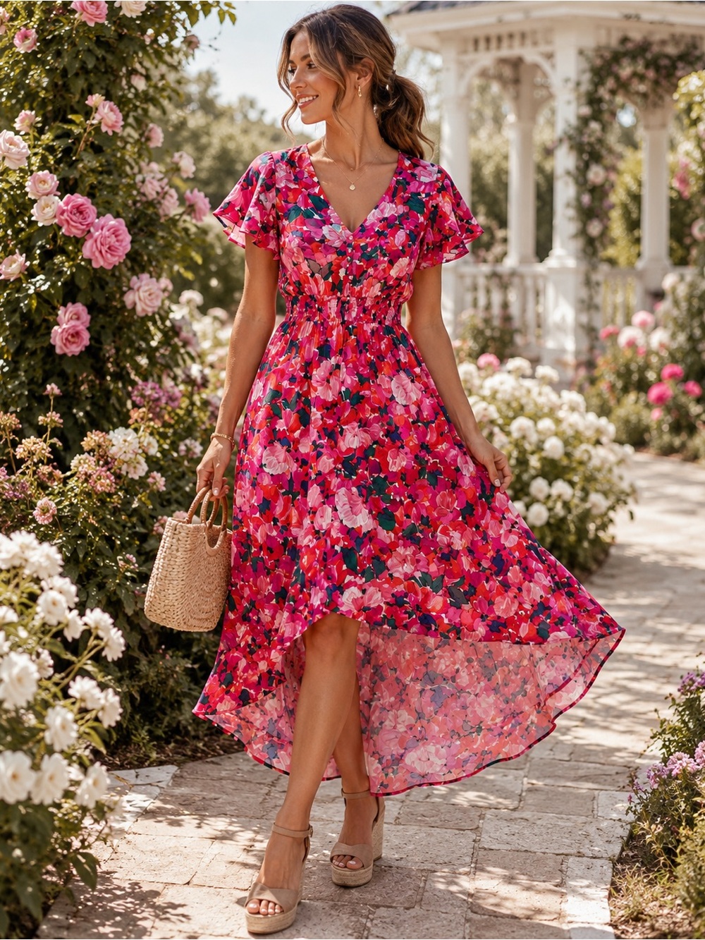 Abel the Label Pink Floral High Low Midi Dress L Flutter Sleeve Smocked Waist